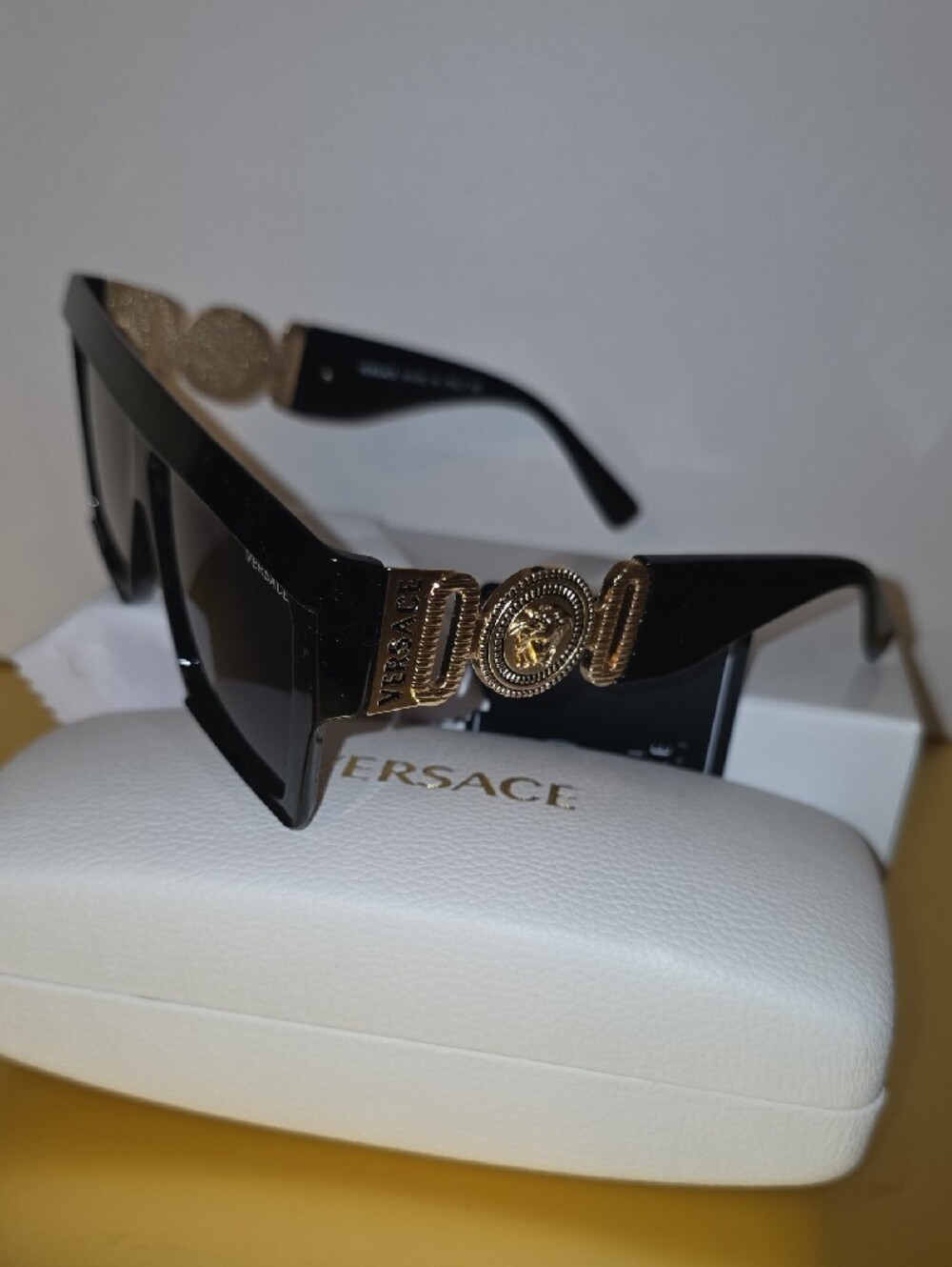 Versace Black Sunglasses with Gold Medusa Temple Accents